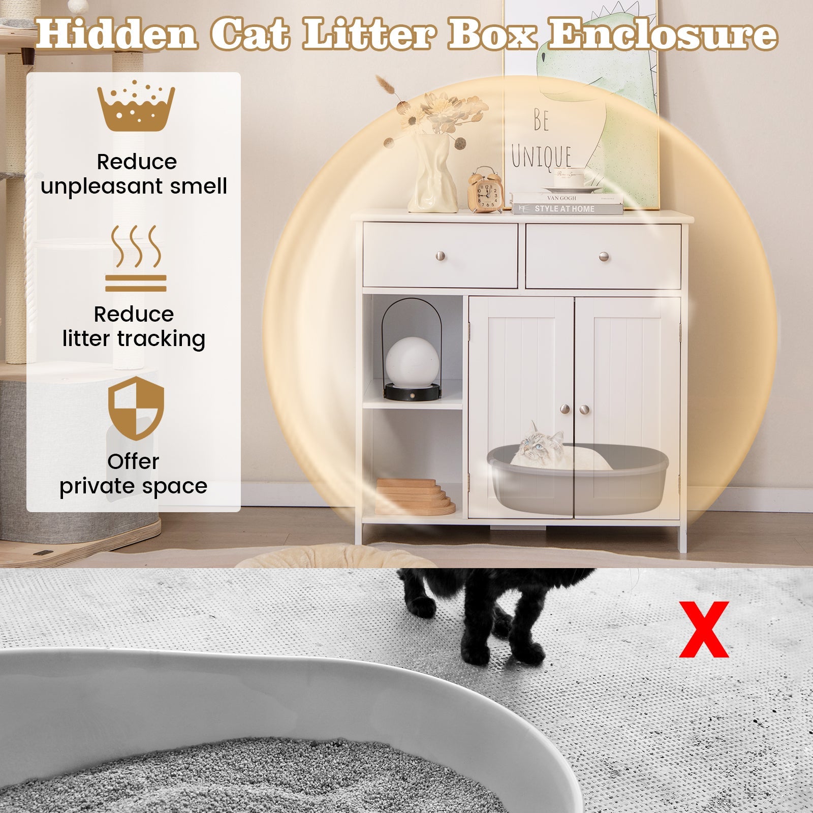 Hidden Cat Washroom Side Cabinet Wooden Pet House with 2 Drawers-White