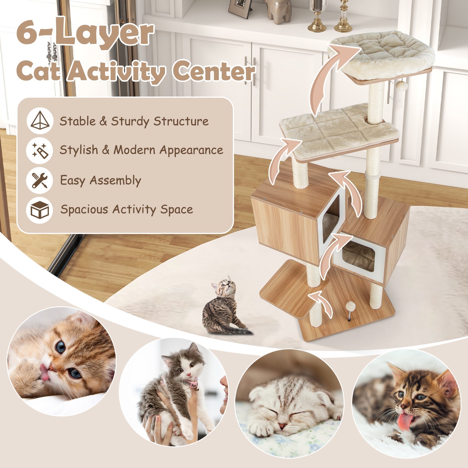 Modern Wooden Cat Tree with Perch Condos and Washable Cushions-Natural